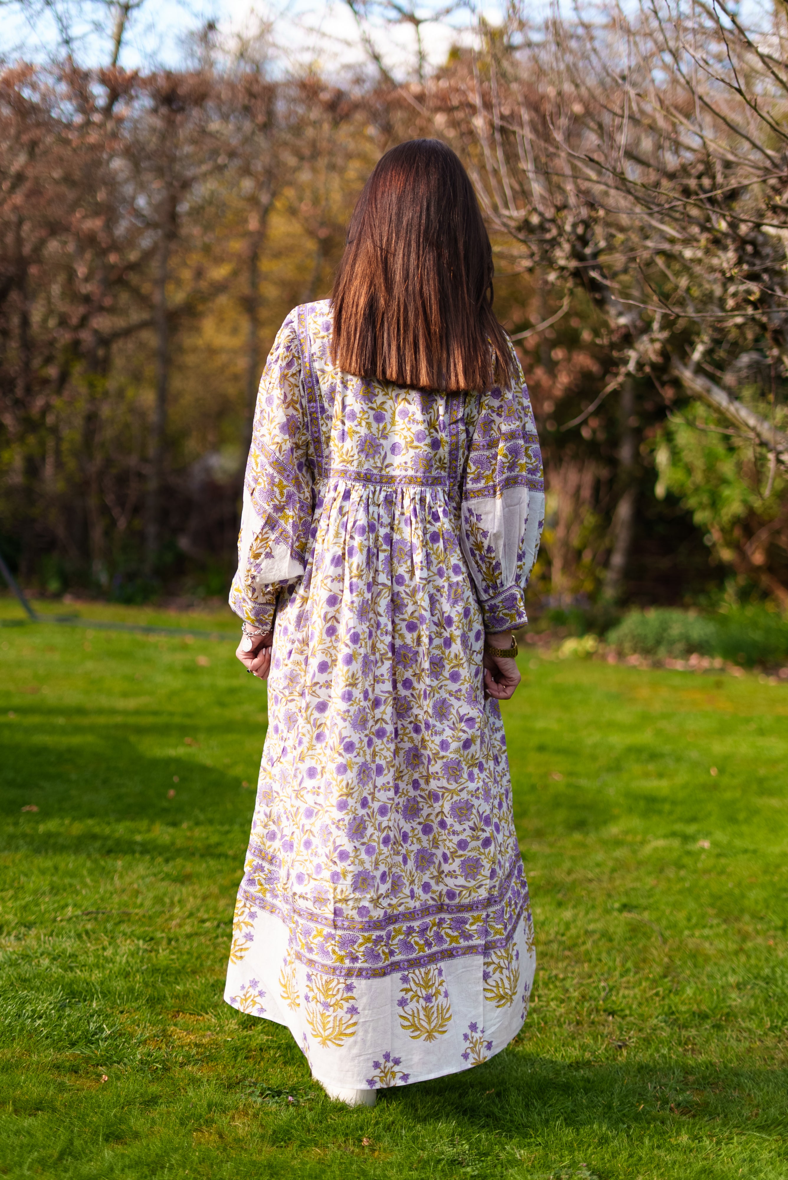 Amelia San Floral Lilac Floaty sleeve woodblock print with flowers, maxi dress