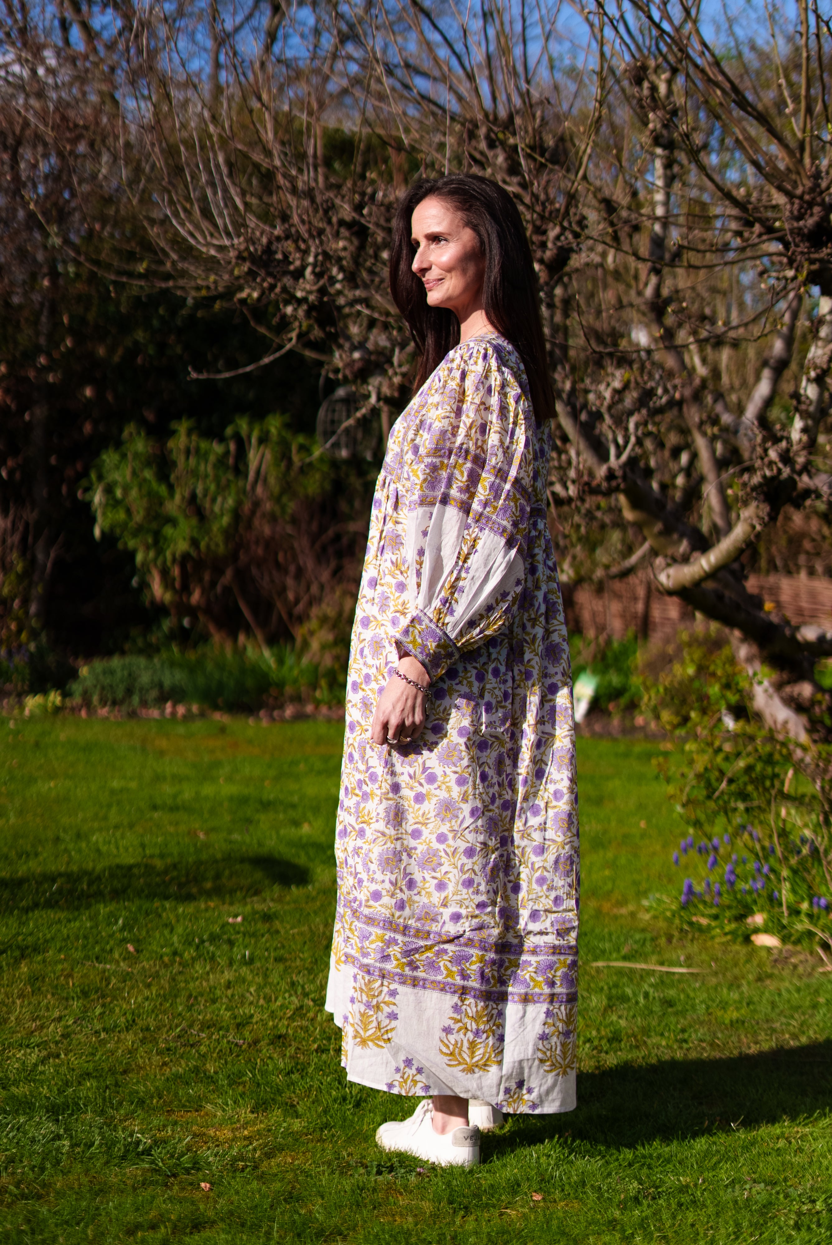 Amelia San Floral Lilac Floaty sleeve woodblock print with flowers, maxi dress