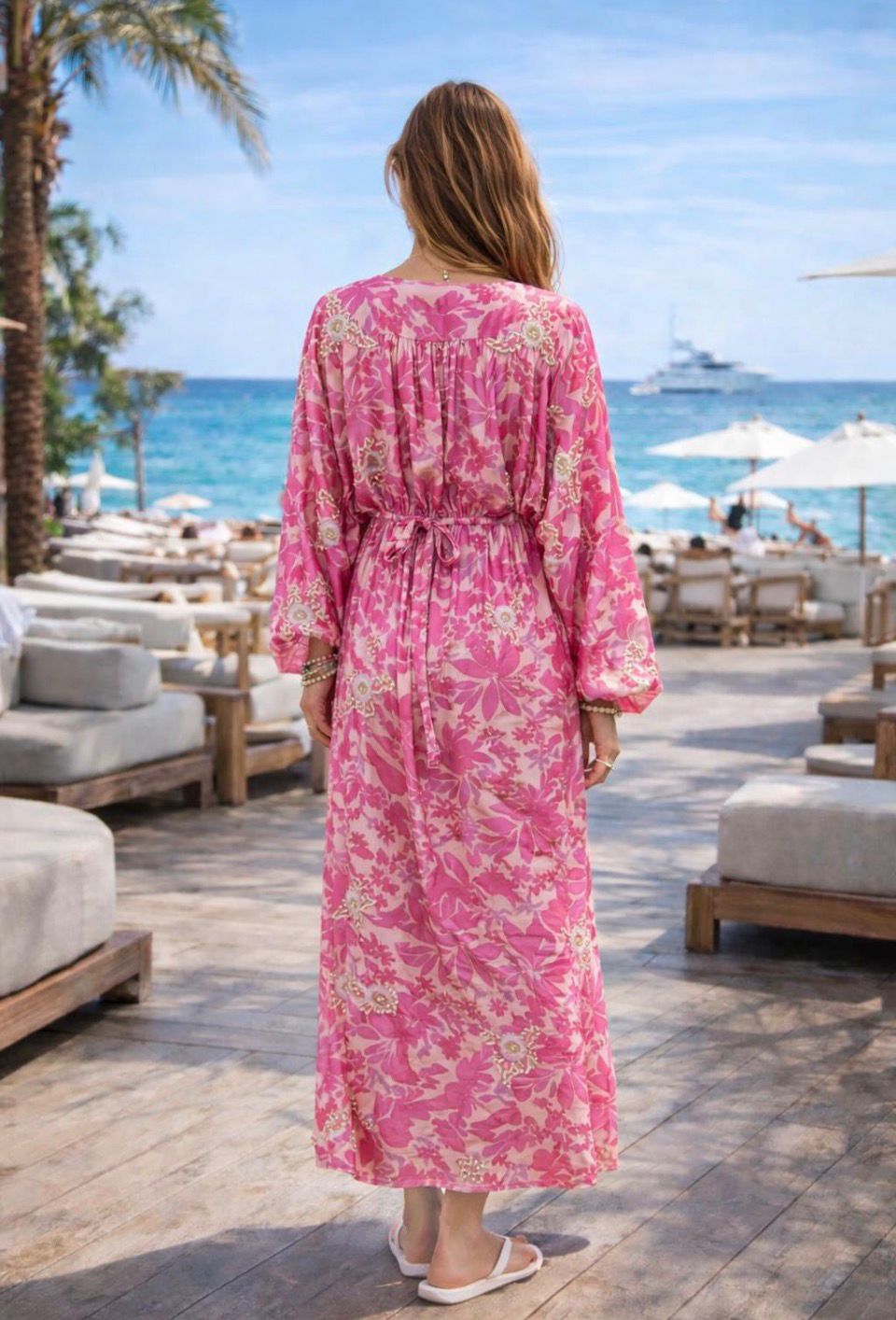 Caz Kaftan long in Fusia, leaf print with hand embellishment