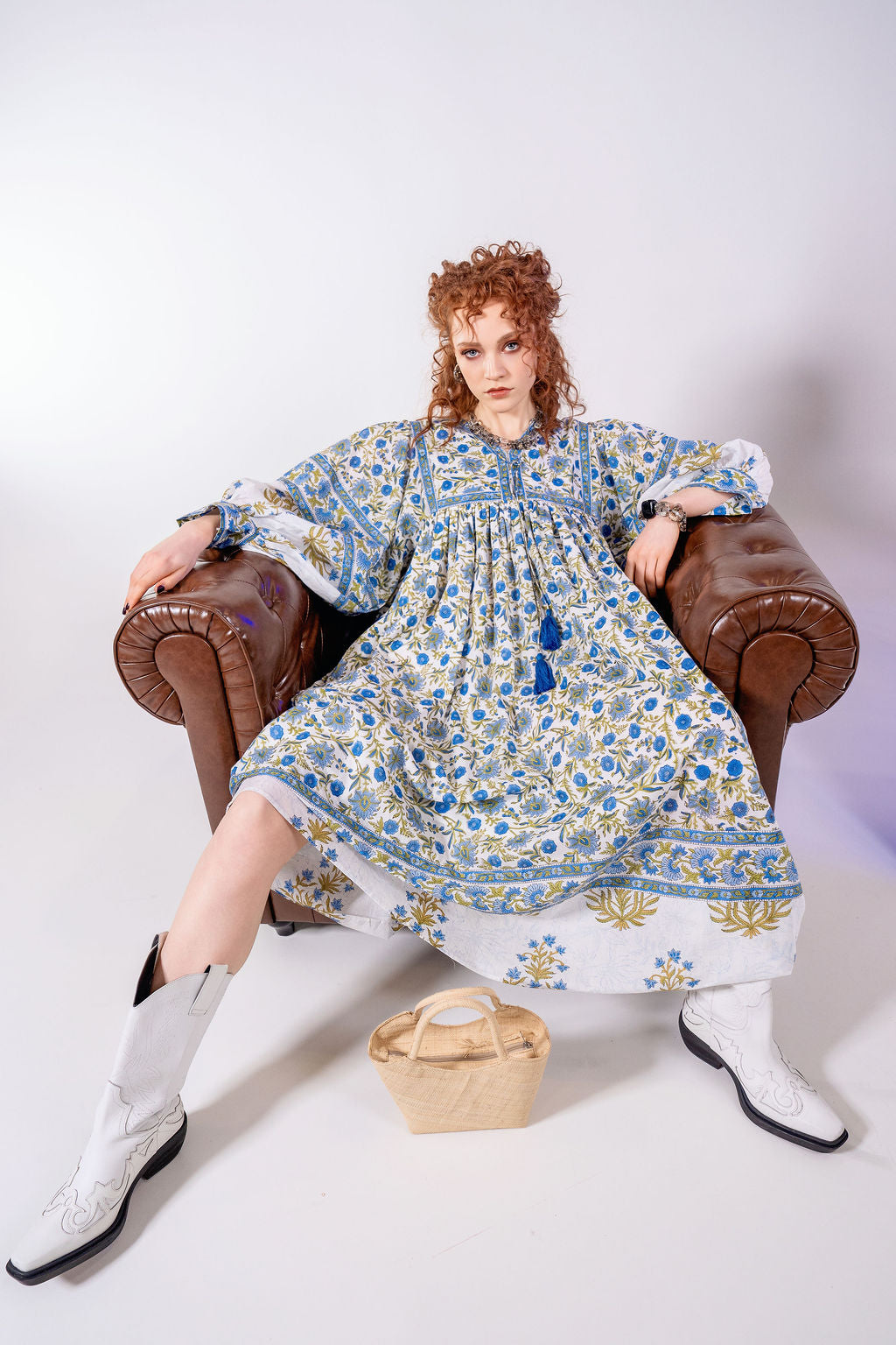 Amelia San Floral in Blue/Green Floaty sleeve maxi folk dress in woodblock print
