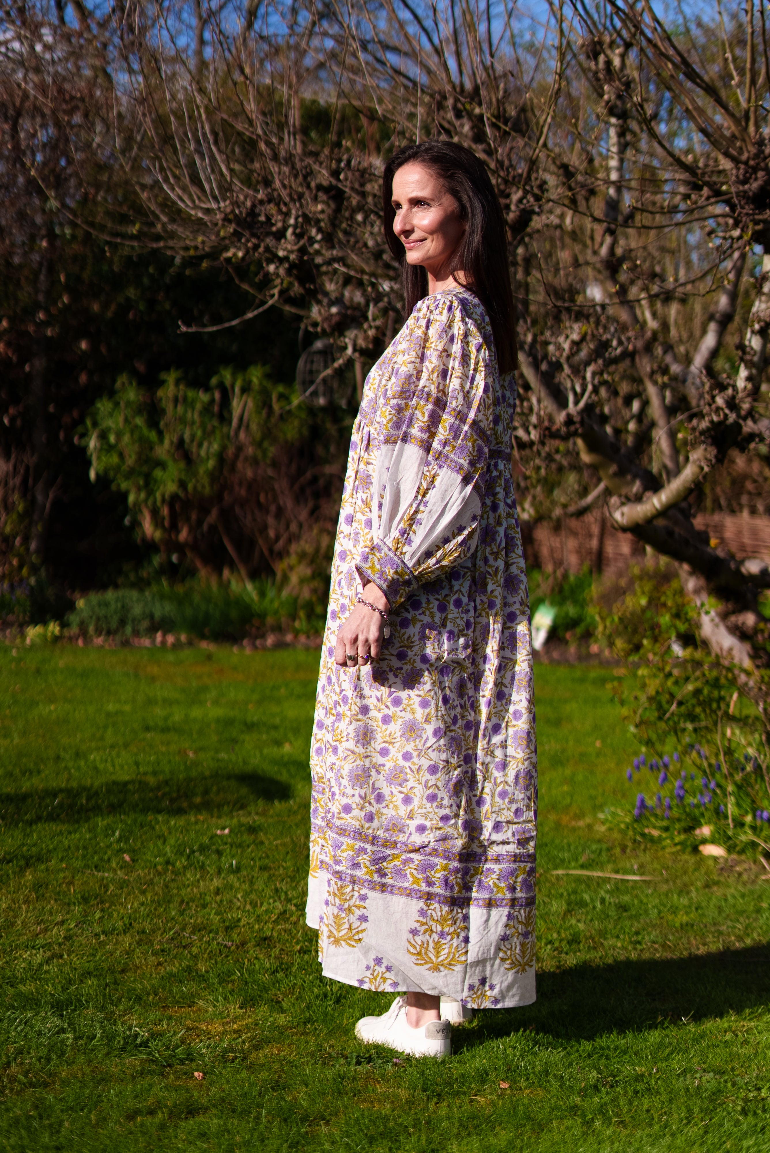 Amelia San Floral Lilac Floaty sleeve woodblock print with flowers, maxi dress