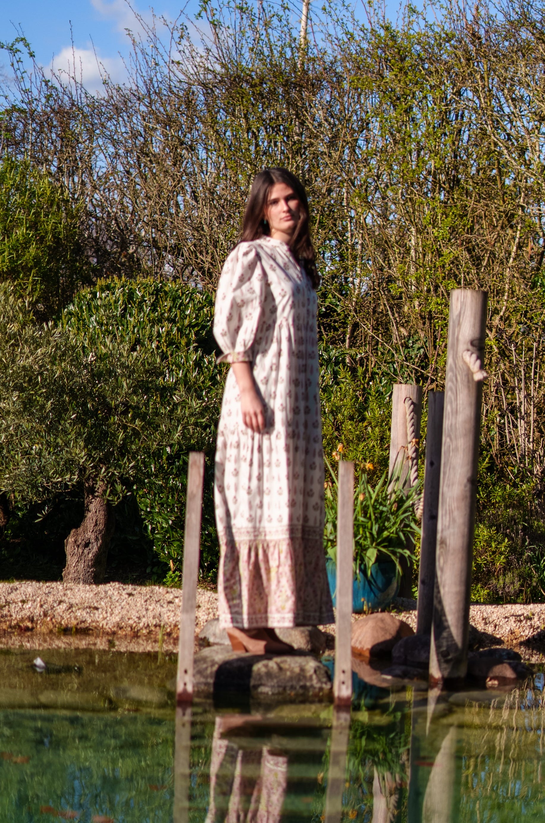 Lalita Cream Woodblock print maxi dress 100% cotton, side pockets and border print hem