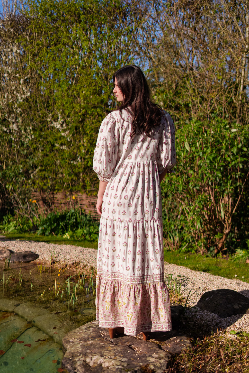 Lalita Cream Woodblock print maxi dress 100% cotton, side pockets and border print hem