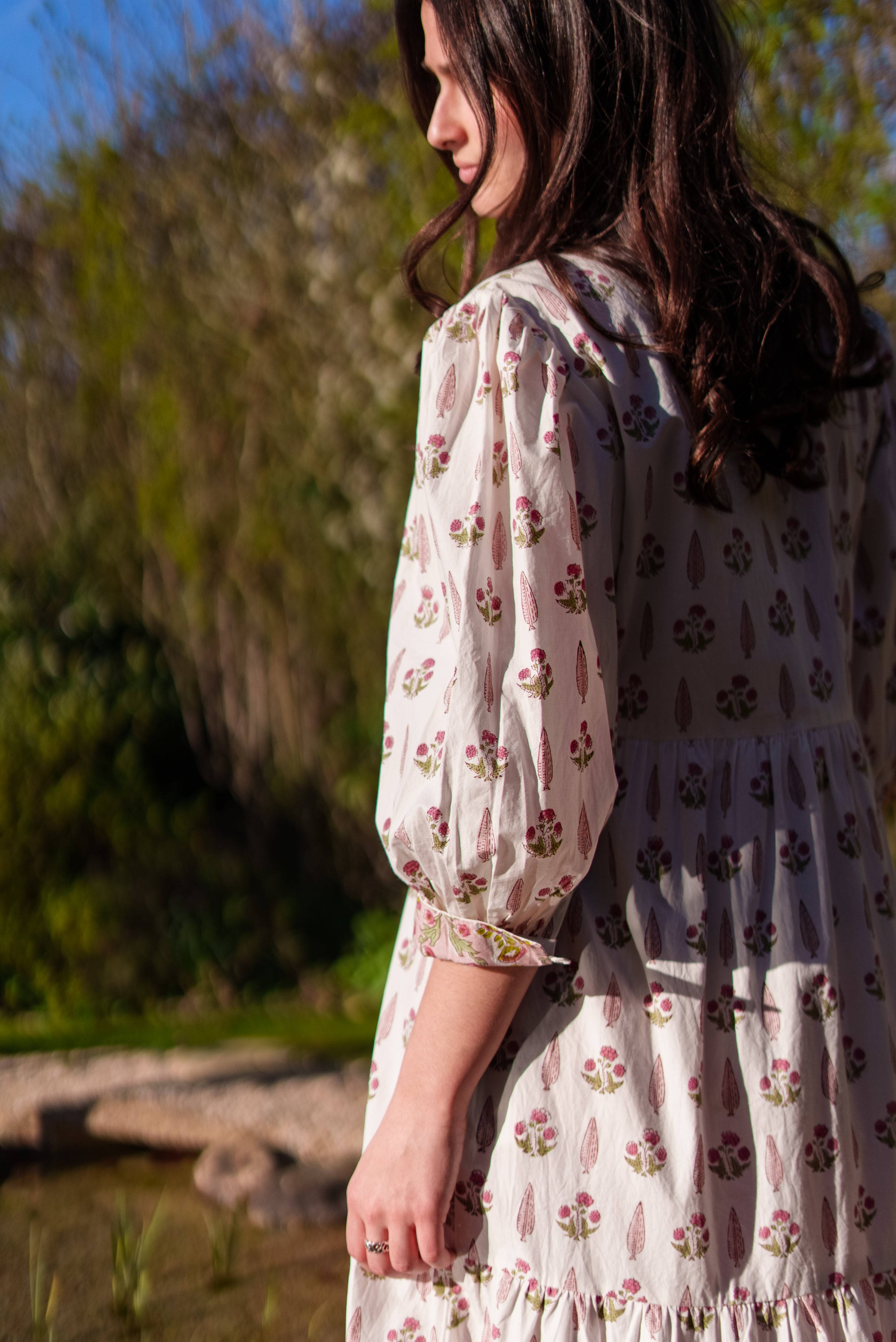 Lalita Cream Woodblock print maxi dress 100% cotton, side pockets and border print hem