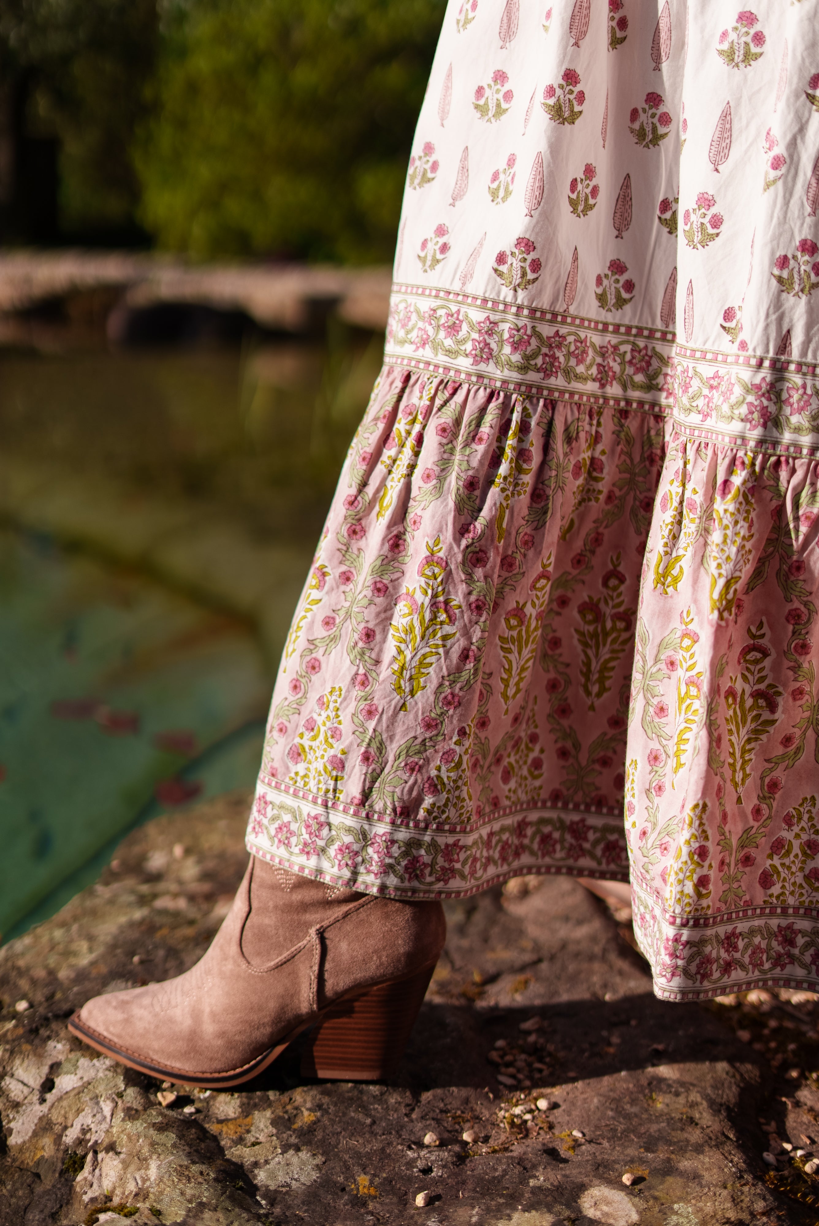 Lalita Cream Woodblock print maxi dress 100% cotton, side pockets and border print hem