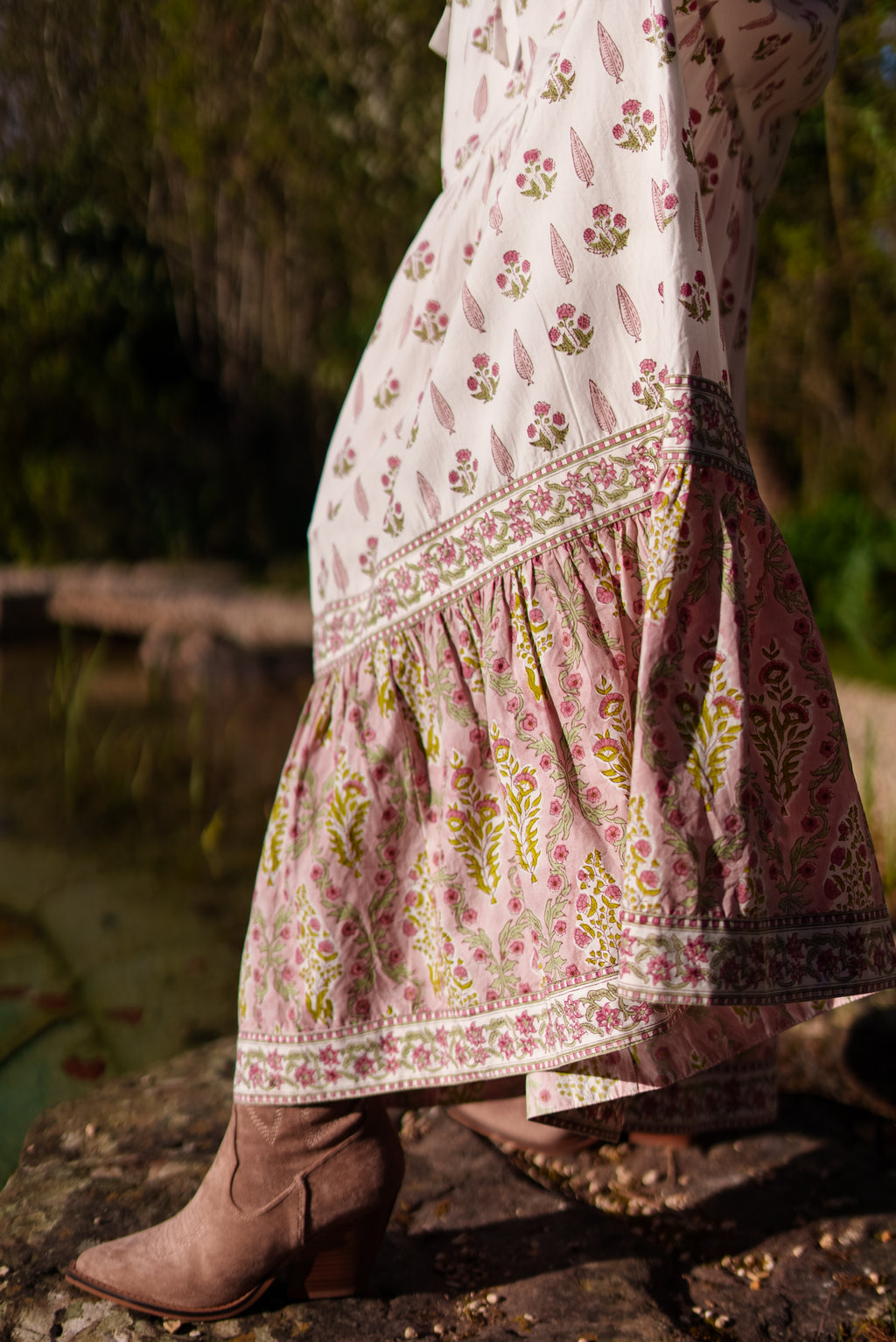 Lalita Cream Woodblock print maxi dress 100% cotton, side pockets and border print hem