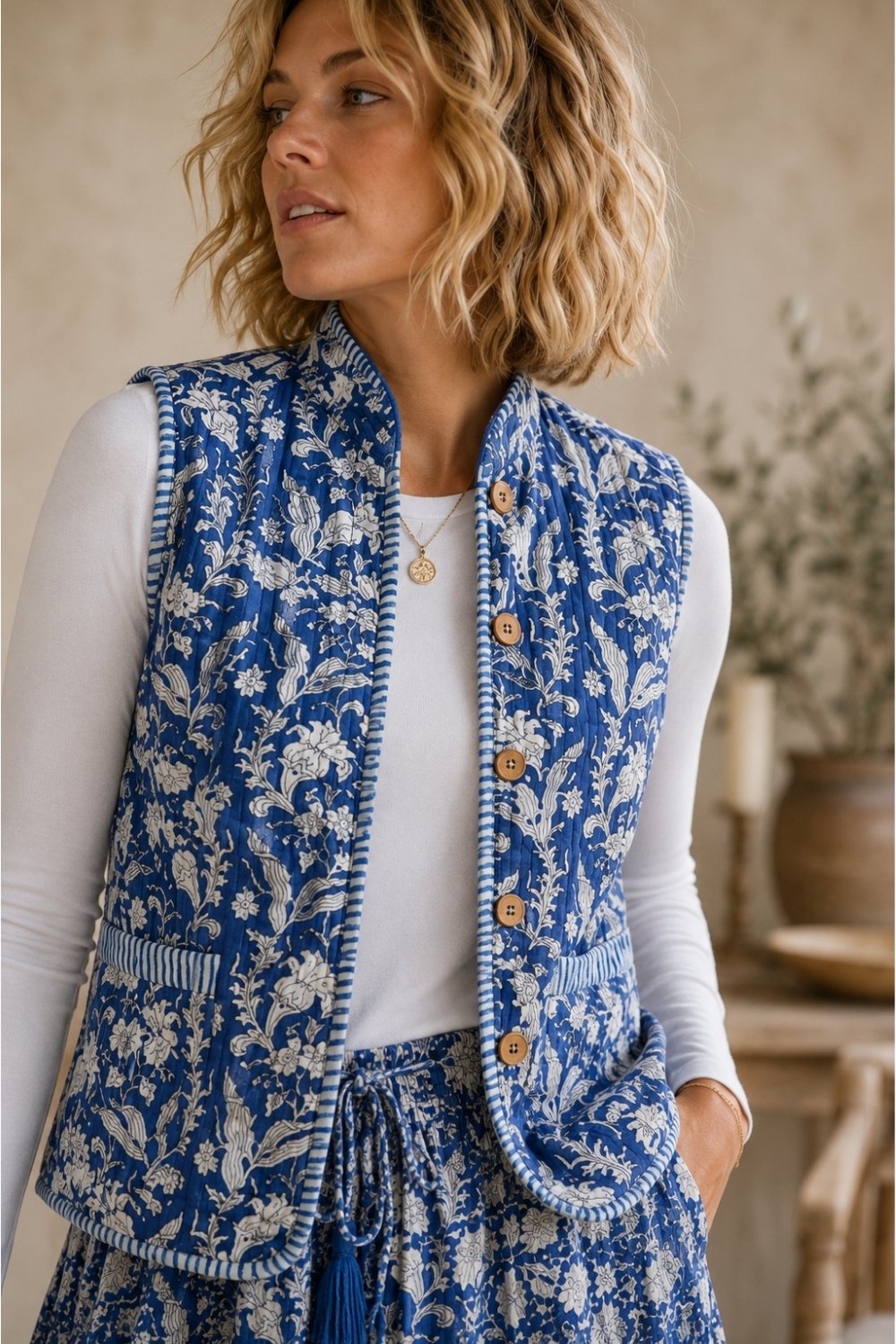 Blue LAVINIA woodblock printed waistcoat with contrast stripe lining