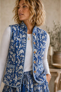 Blue LAVINIA woodblock printed waistcoat with contrast stripe lining