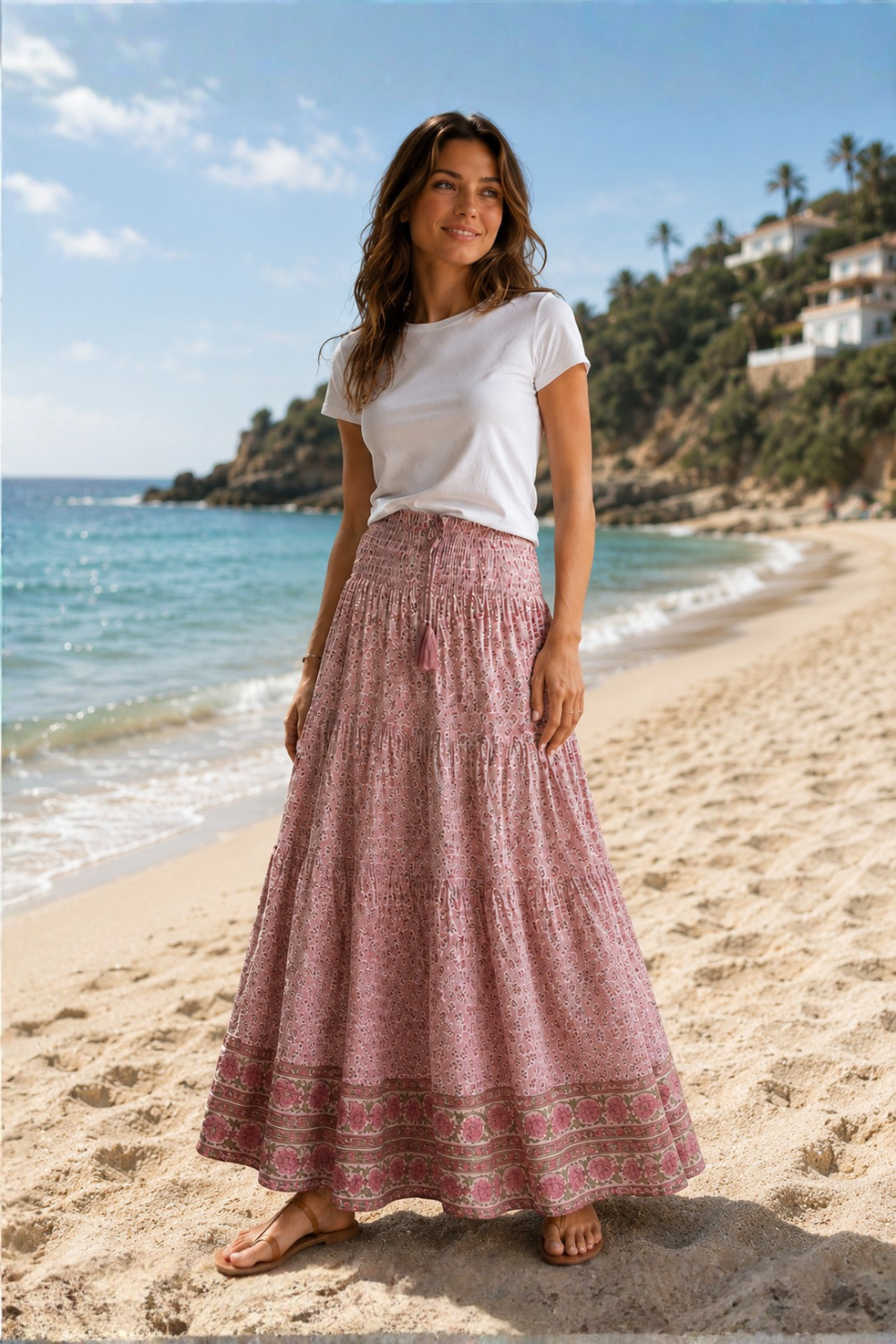 Pink floral woodblock skirt in cotton voile with lining .