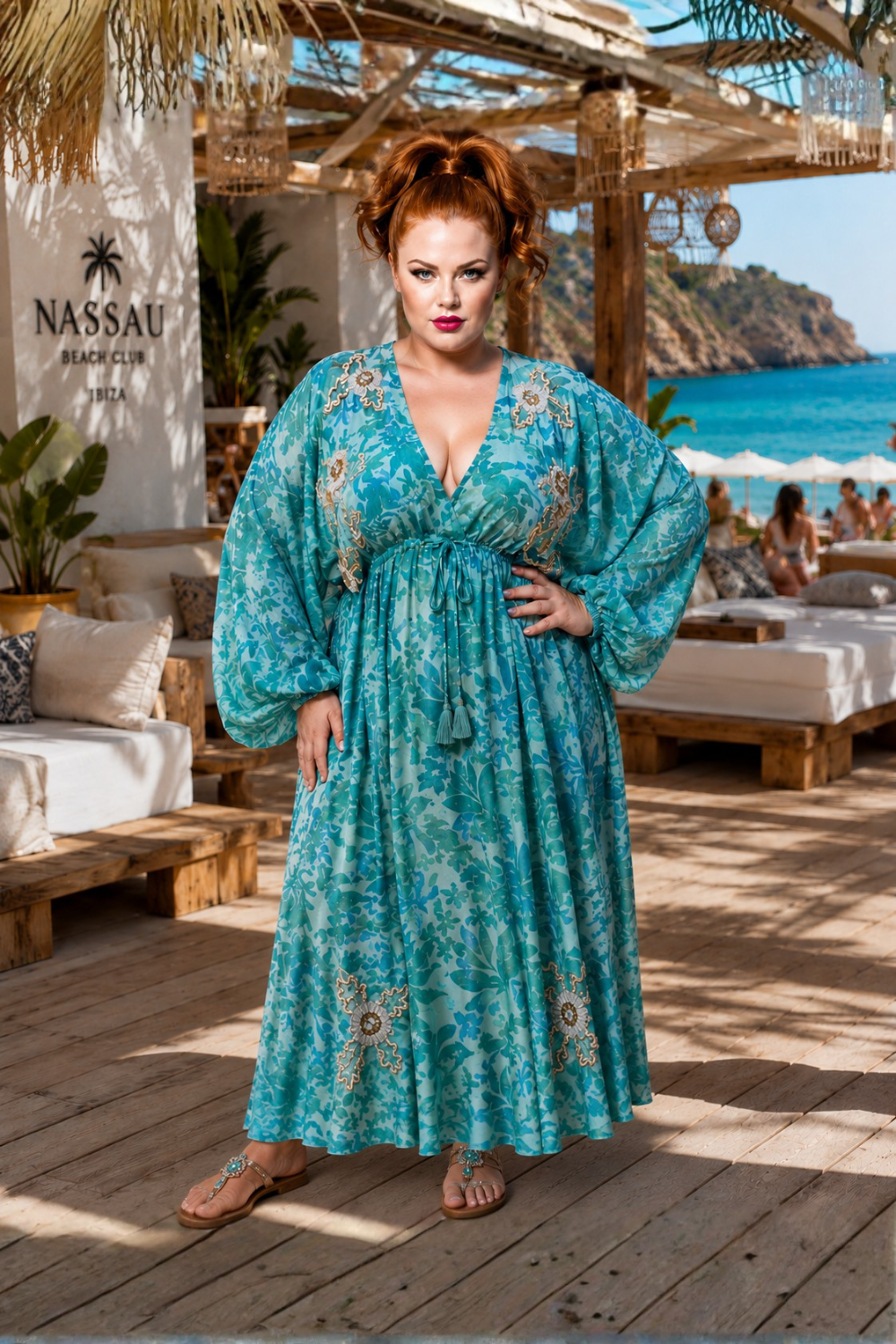 Caz Kaftan long in mint green, leaf print with hand embellishment