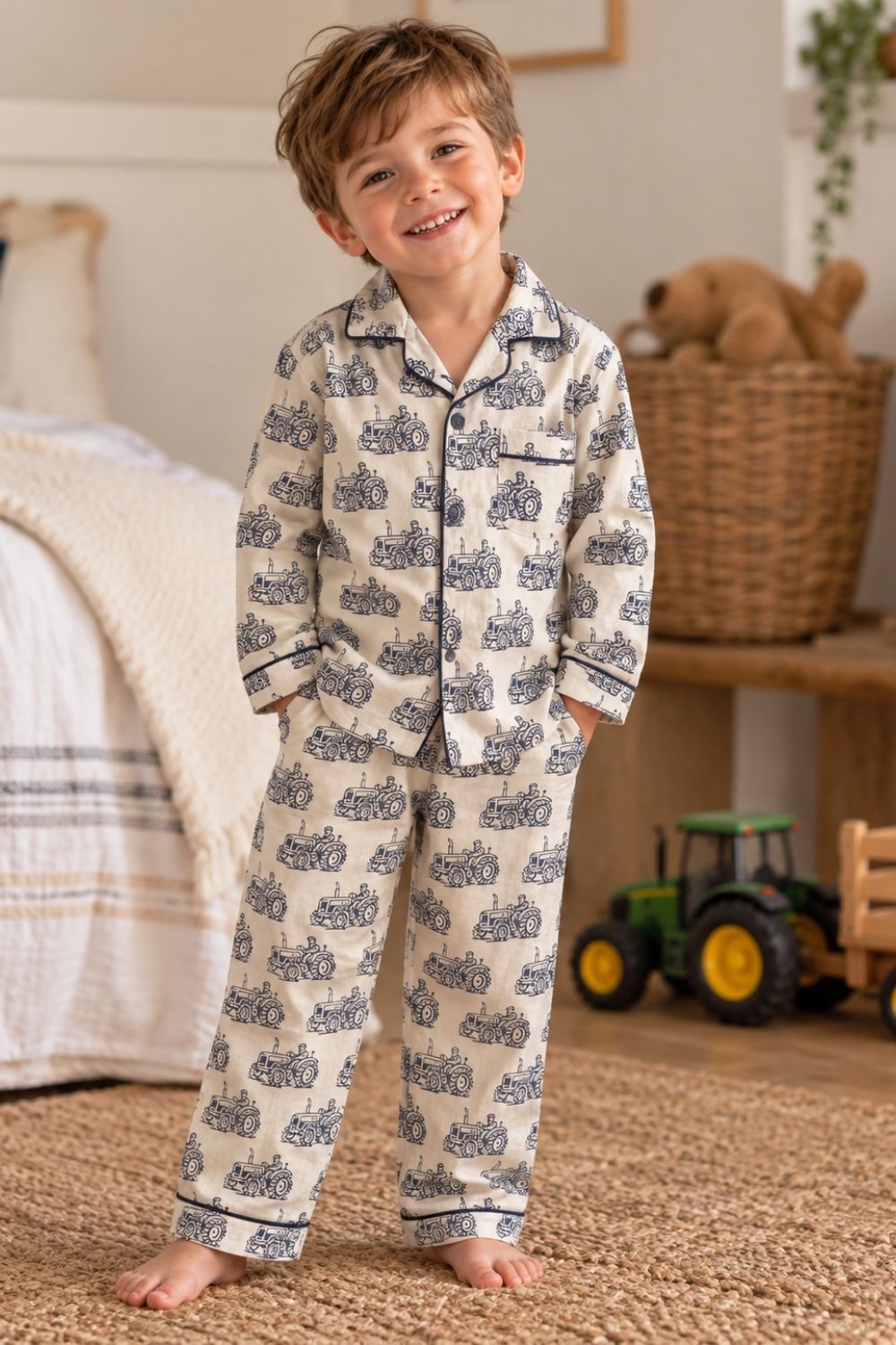 Kids Woodblock Print Tractor Pyjamas