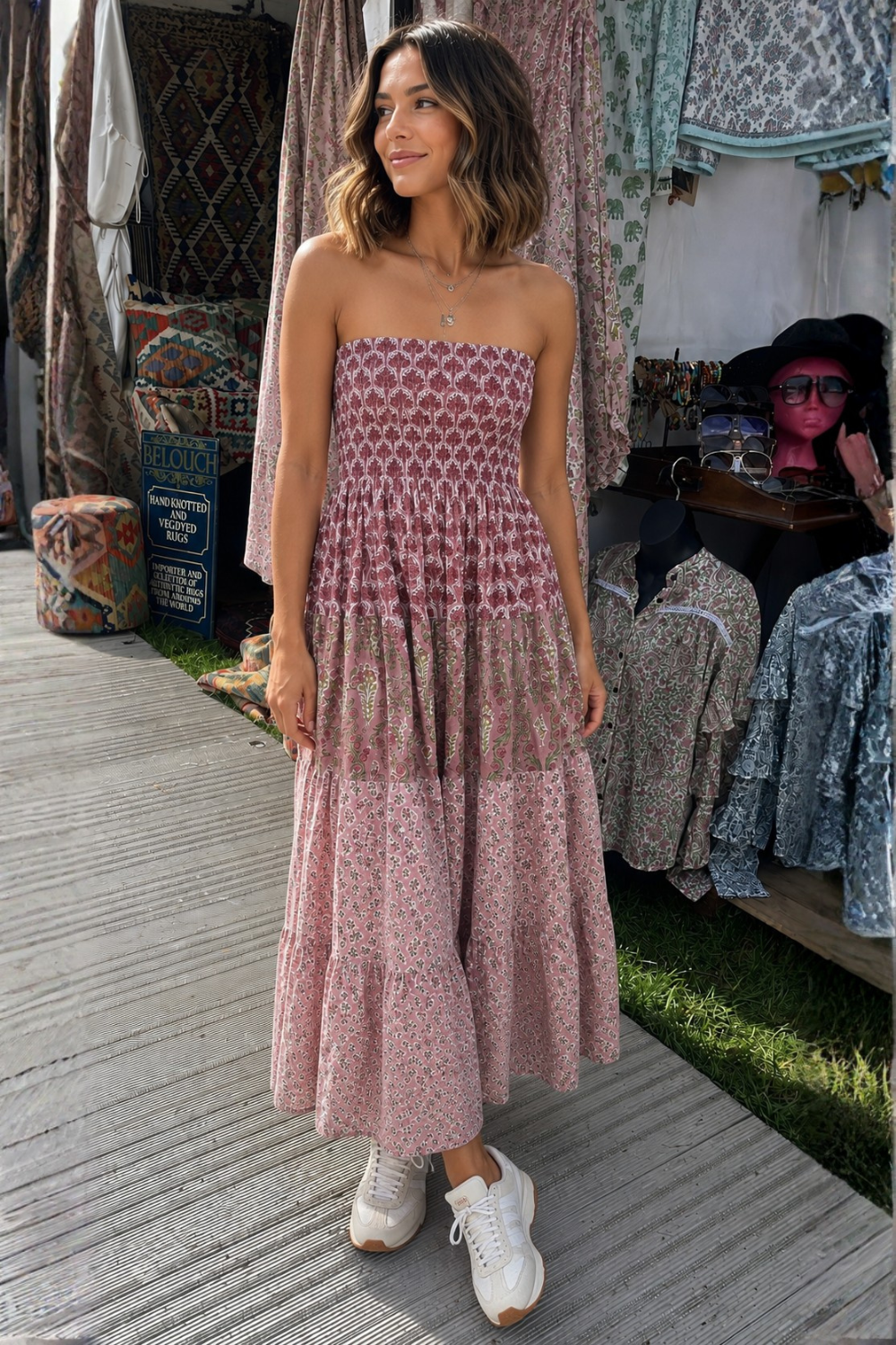 Elasticated bodice soft pinks sun dress in beautiful woodblock prints . 100 % cotton voile .