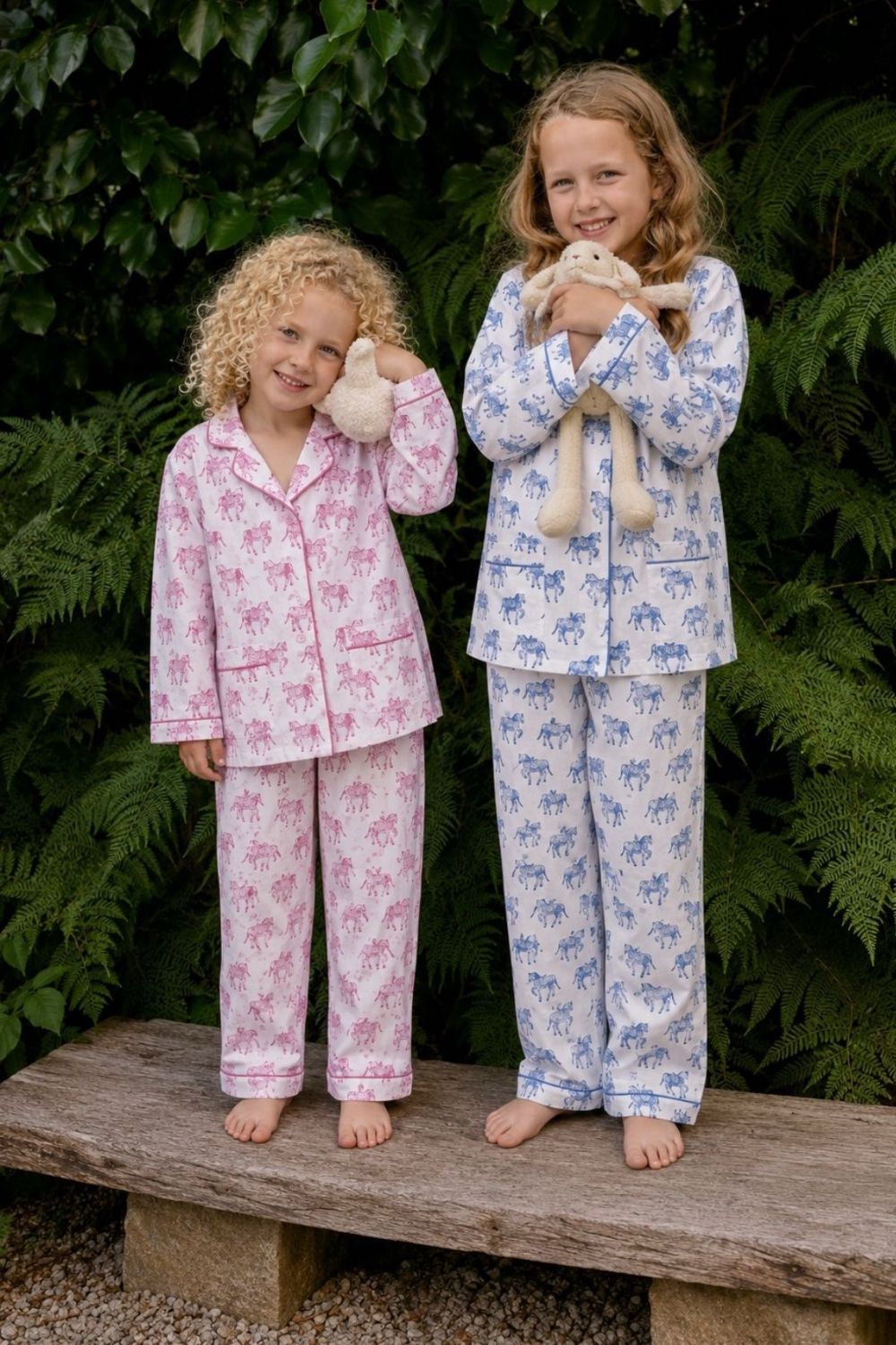 Kids horse print pyjamas in woodblock print cotton voile Available in pink and blue