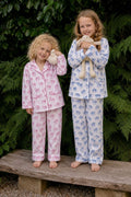 Kids horse print pyjamas in woodblock print cotton voile Available in pink and blue