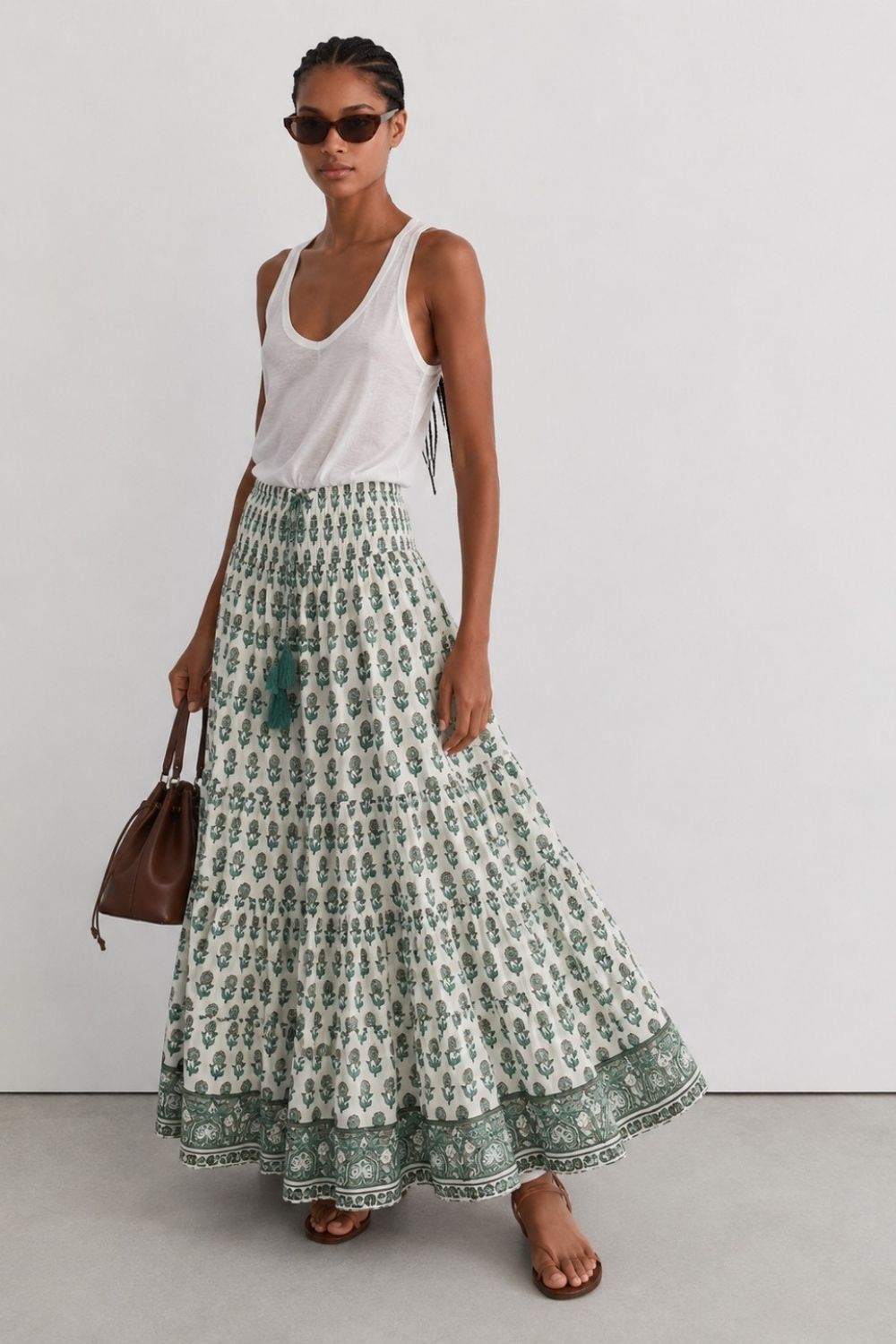 Woodblock green printed cotton voile maxi skirt with border print.