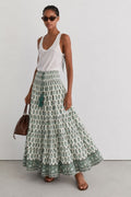 Woodblock green printed cotton voile maxi skirt with border print.