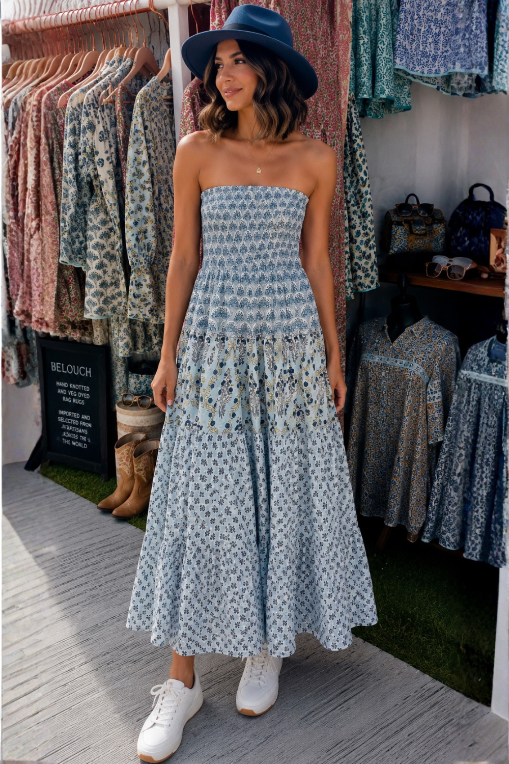 Shirred bodice blues sun dress in woodblock printed cotton voile. Can be worn as a sun dress or as a maxi skirt .