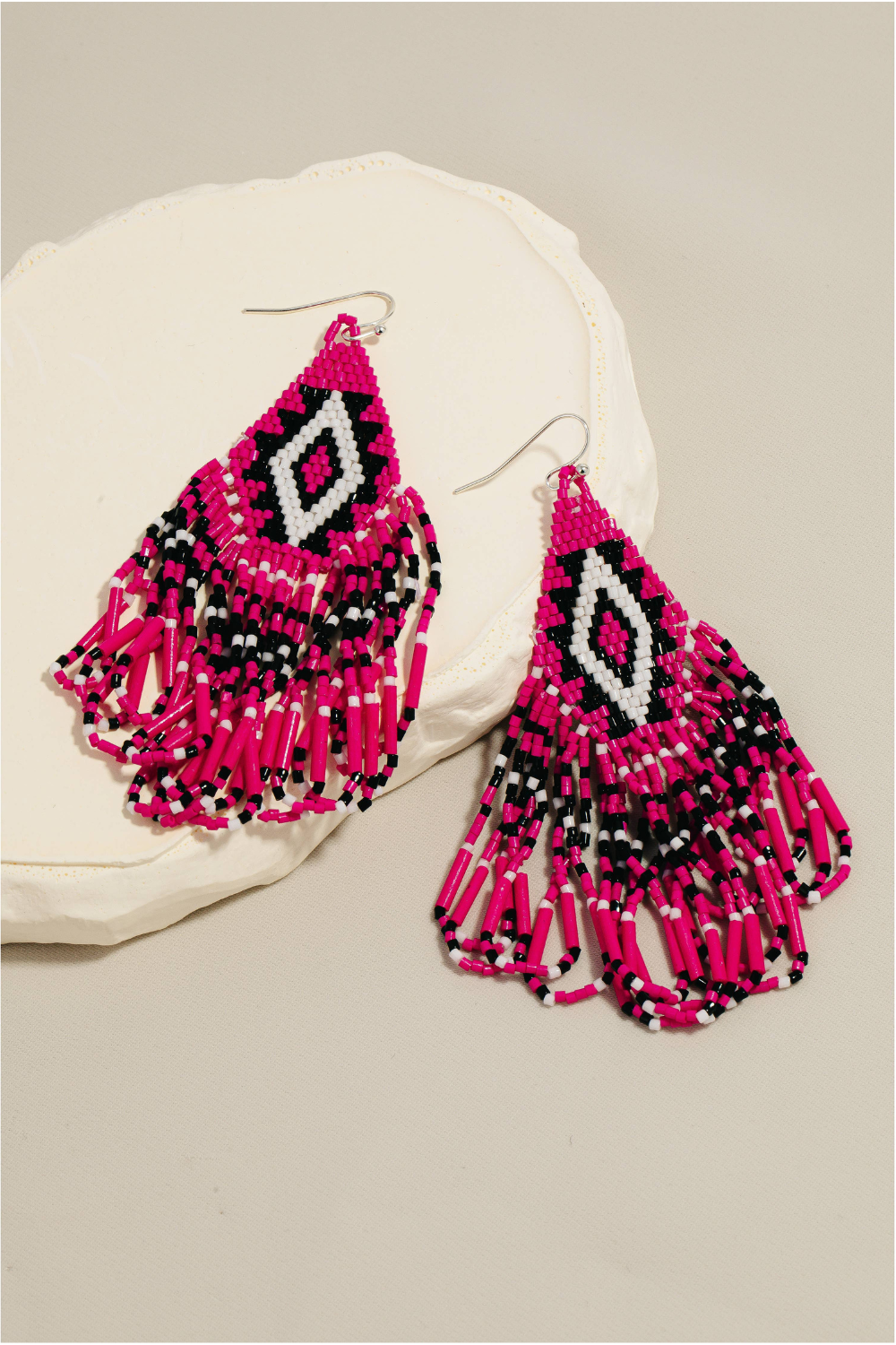Triangular Boho Seed Beaded Fringe Dangle Earrings: SHP
