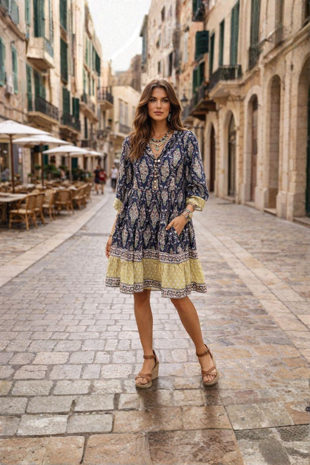 Bella Inky Knee length wood block printed dress with contrast border. 100% cotton with pockets and shell buttons
