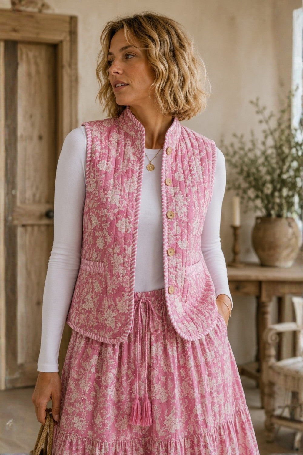 Pink LAVINIA Woodblock print waistcoat with contrast stripe lining .