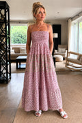Elasticated bodice soft pinks sun dress in beautiful woodblock prints . 100 % cotton voile