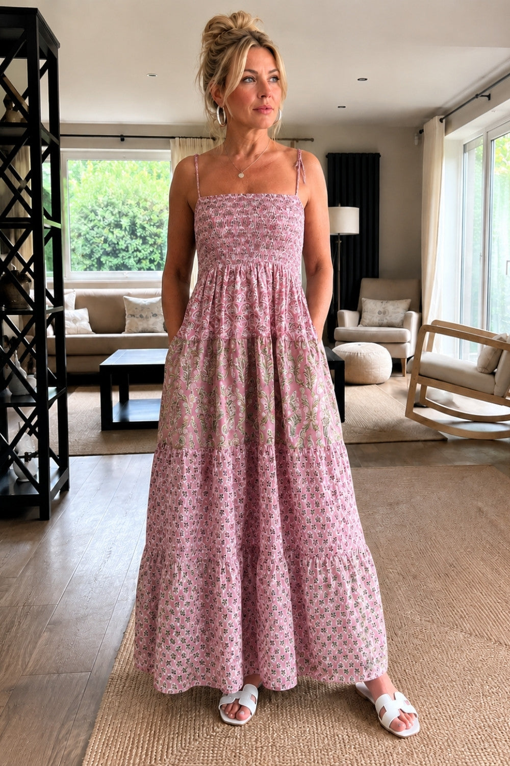 Elasticated bodice soft pinks sun dress in beautiful woodblock prints . 100 % cotton voile