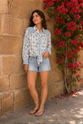 Western style woodblock printed cotton voile shirt