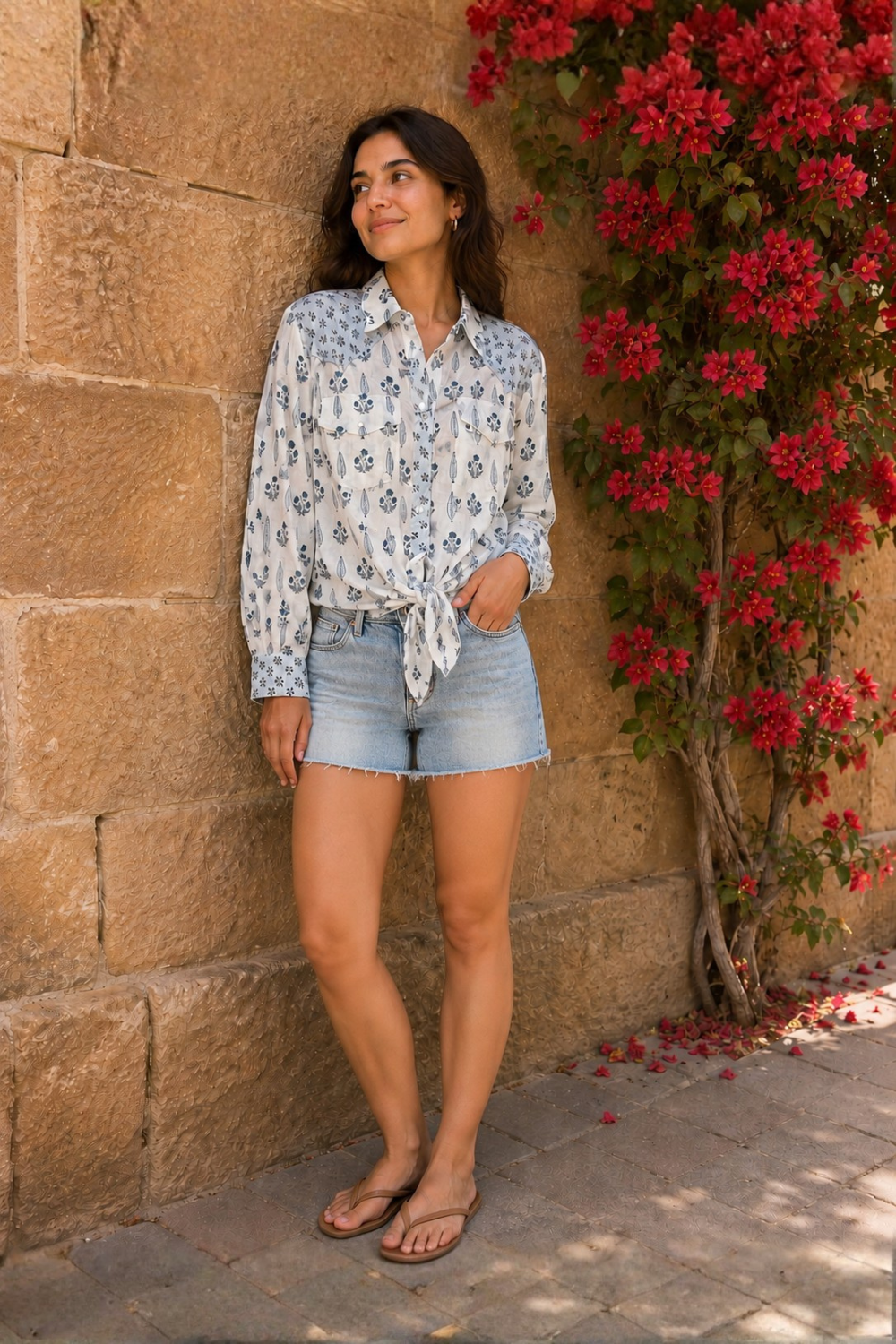 Western style woodblock printed cotton voile shirt