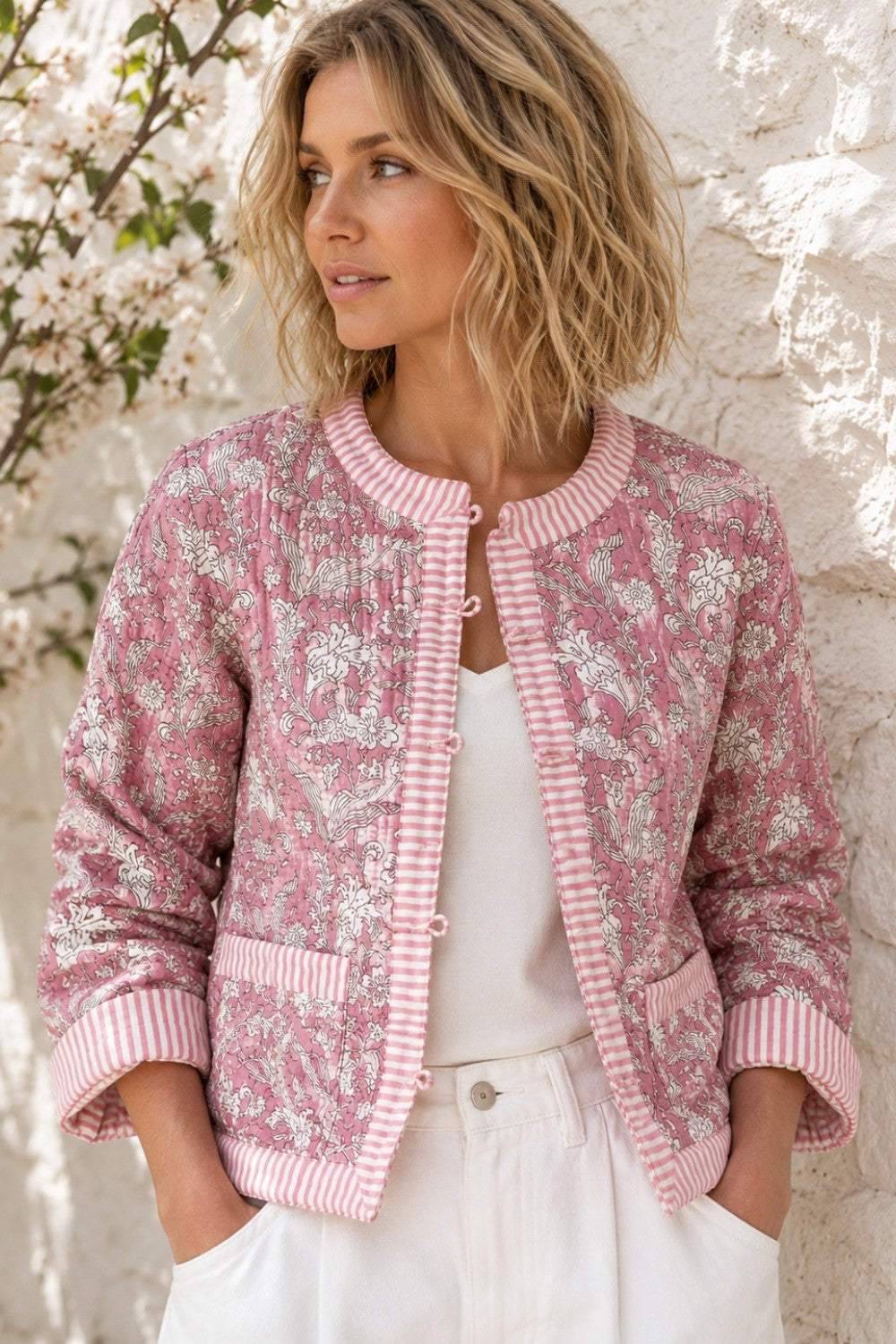 Pink Quilted Jacket in Woodblock Print with wooden buttons