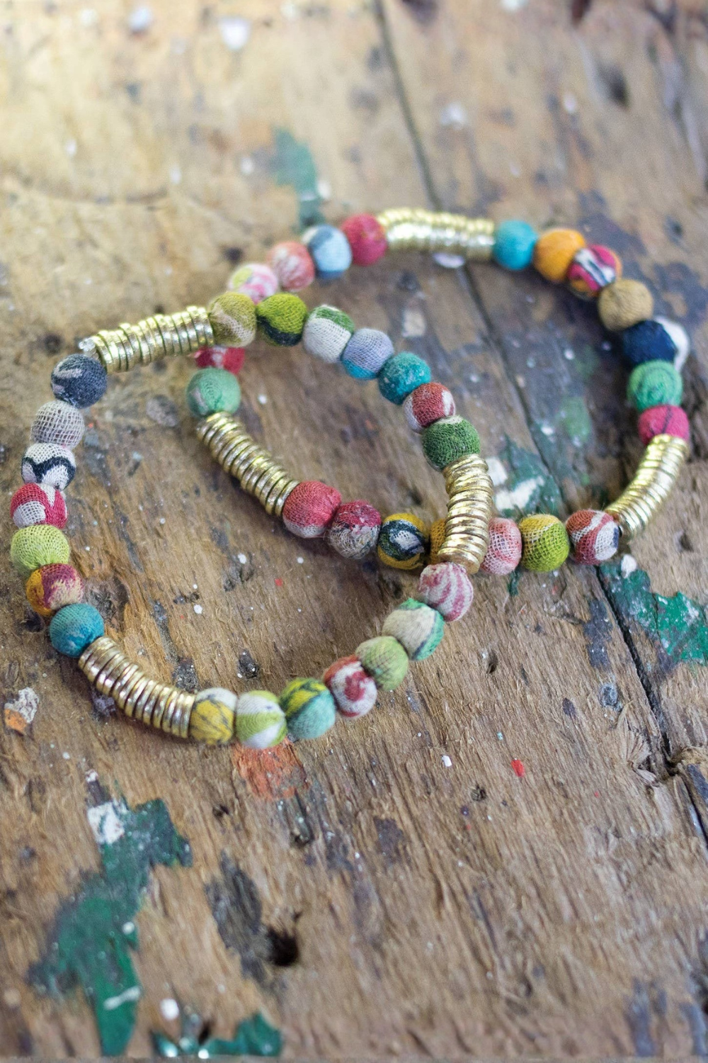 Recycled Fabric Bead Bracelet With Gold Spacers
