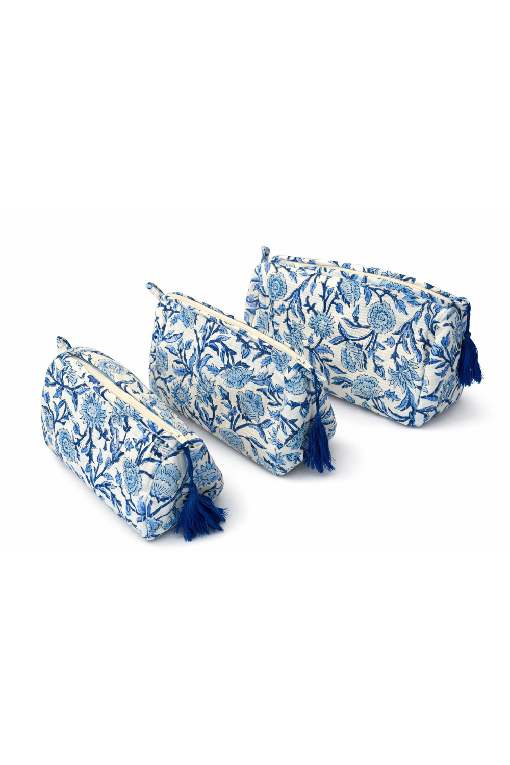 Woodblock Blue Floral Quilted Makeup Bag Set