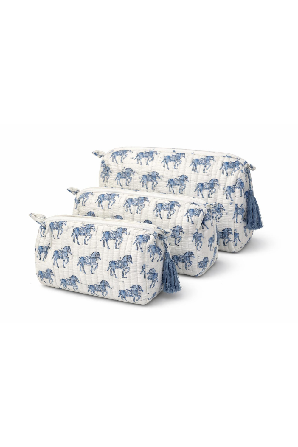 Woodblock Blue Horse Quilted Makeup Bag Set