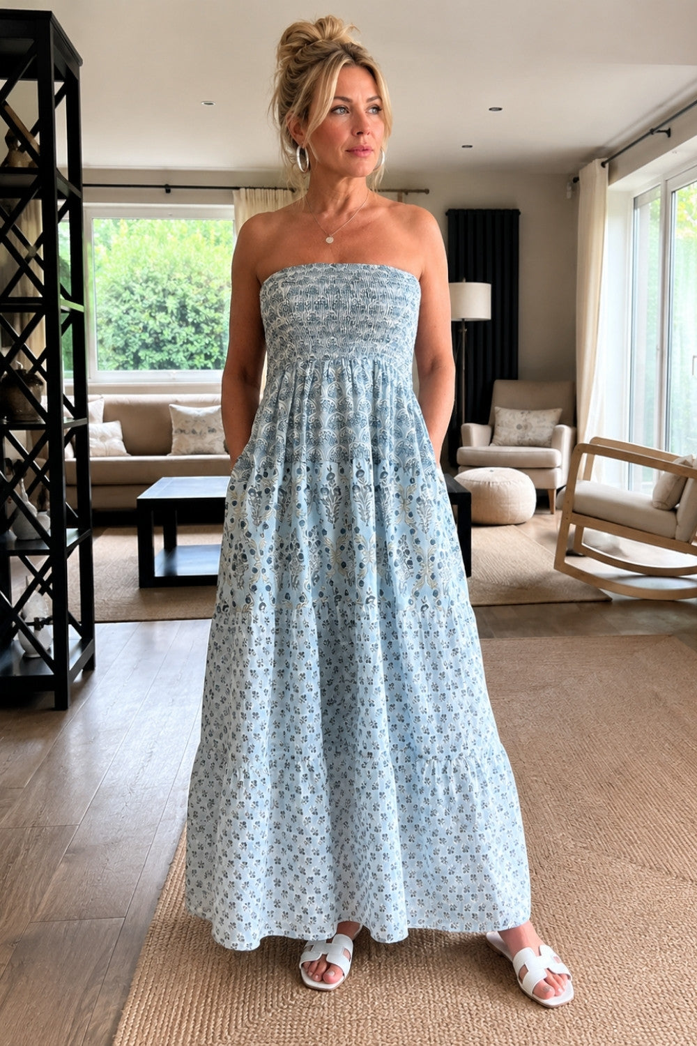 Strapless summer maxi in soft blues - woodblock print