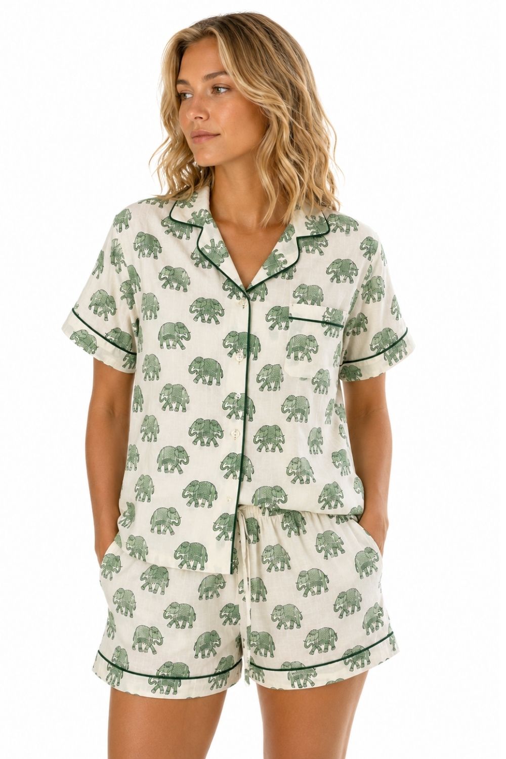 Short Sleeve Green Woodblock Elephant print pyjamas - Adult