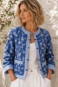 Blue Quilted Reversible Woodblock Printed Jacket With Wooden Buttons