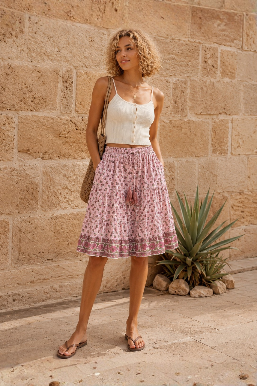 Anna Pink Knee length gypsy skirt with woodblock print ad border