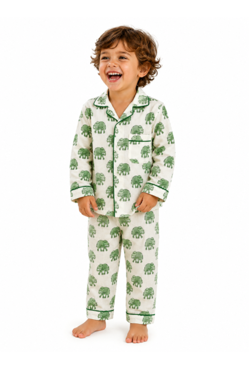 Kids Elephant print pyjamas in woodblock print cotton voile. Available in pink, blue & Green