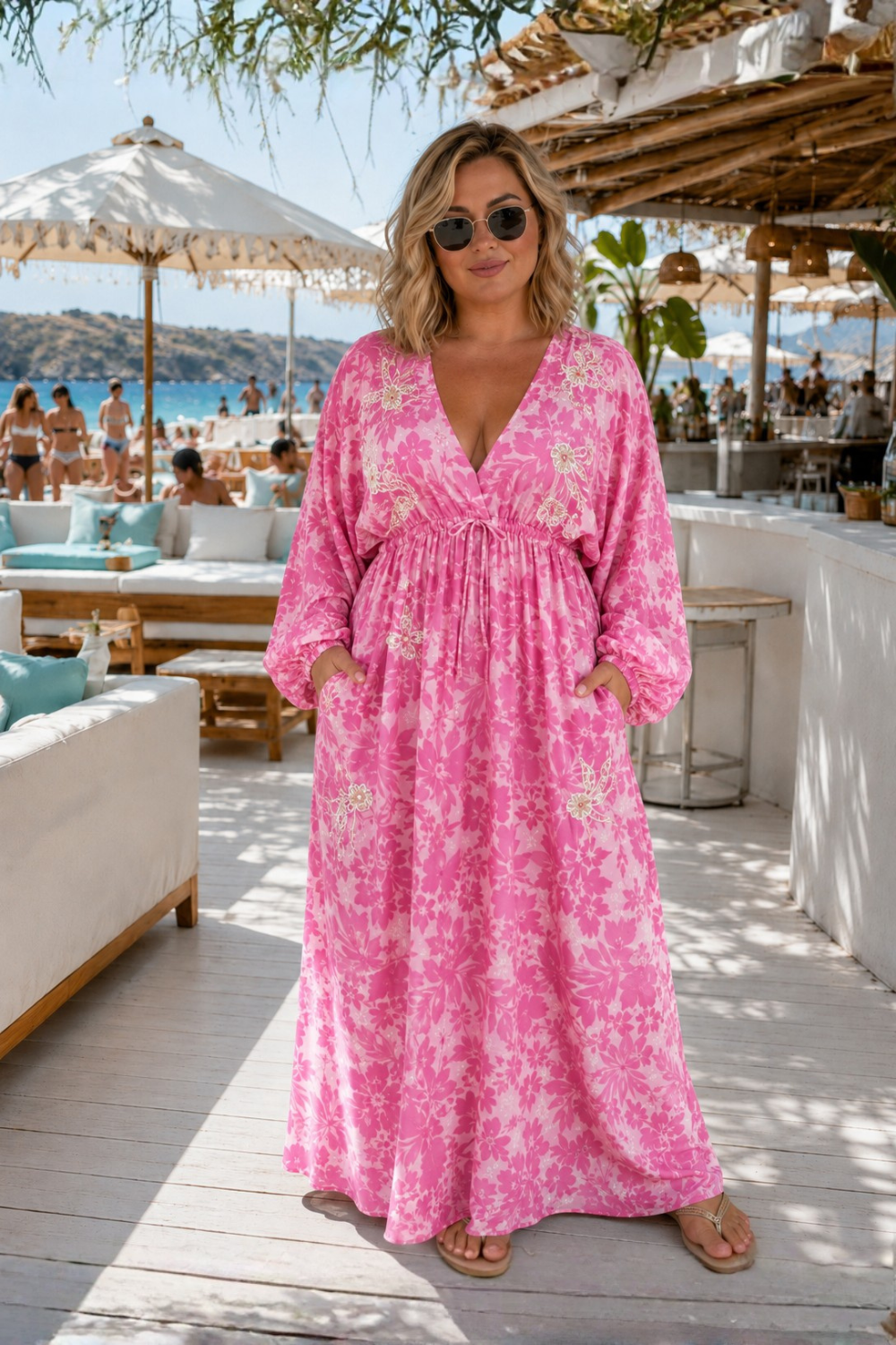 Caz Kaftan long in Fusia, leaf print with hand embellishment