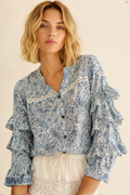 Liberty Woodblock printed frill sleeve blouse in blue paisley floral