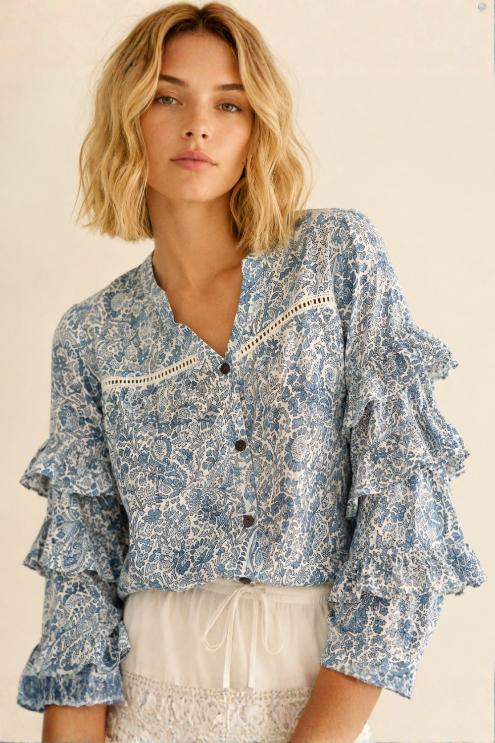 Liberty Woodblock printed frill sleeve blouse in blue paisley floral