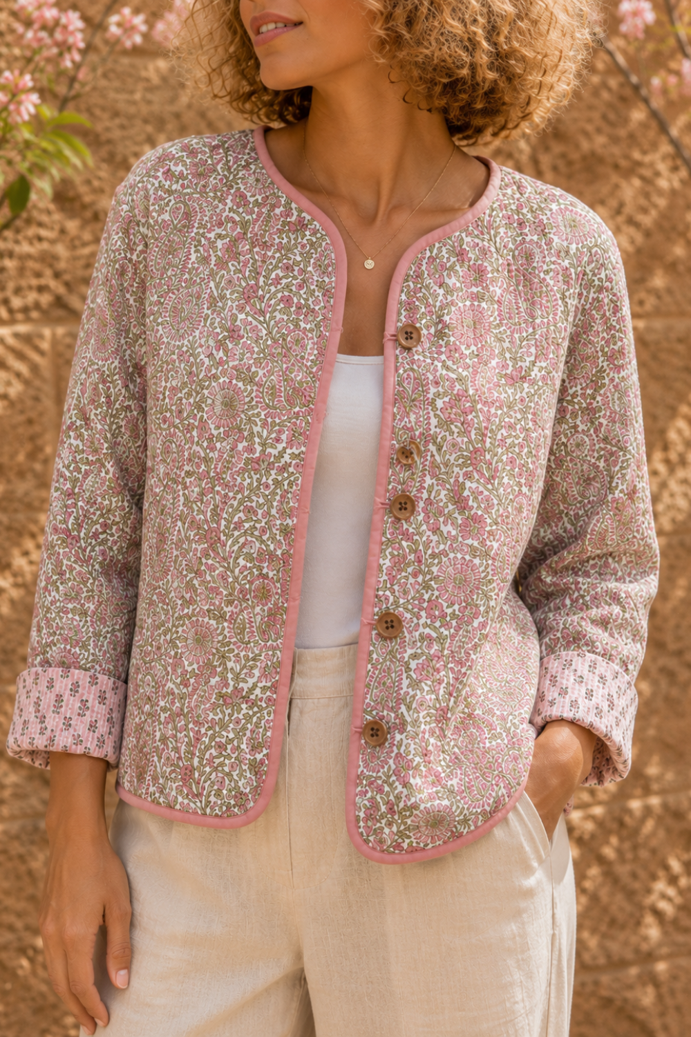Pink/Green Floral wood block printed reversible jacket with wooden buttons, 100% cotton, hand printed by amazingly talented artisans in Jaipur.