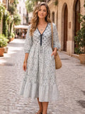 Aria Delicate Hand block multi print midi dress in cotton voile in blue