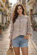Liberty Woodblock printed frill sleeve blouse in pink paisley floral