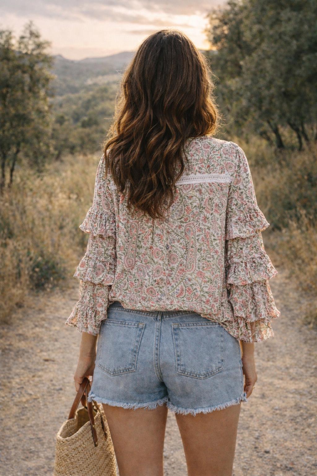 Liberty Woodblock printed frill sleeve blouse in pink paisley floral