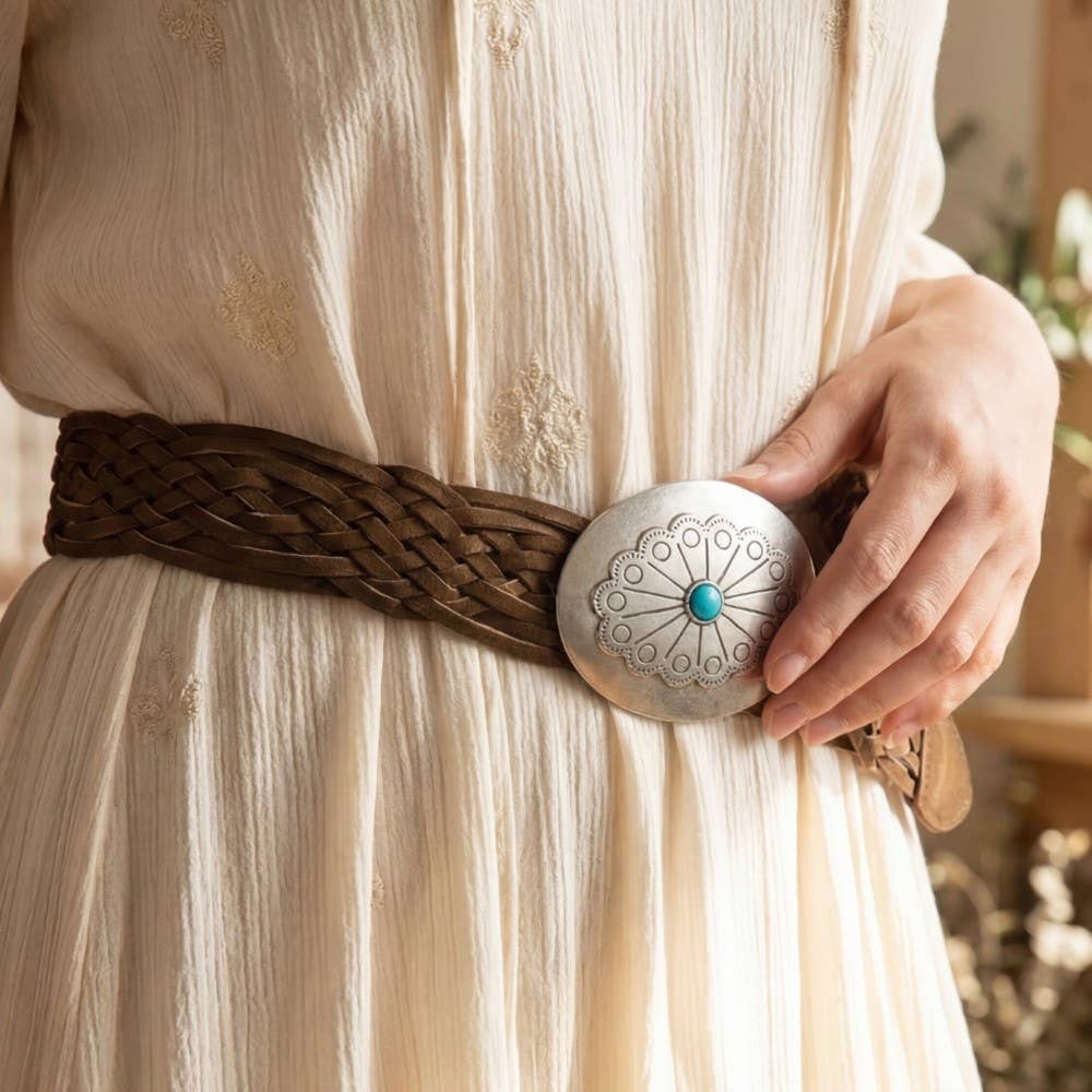 Western Braided Concho Buckle Vegan Leather Belt: SDBR