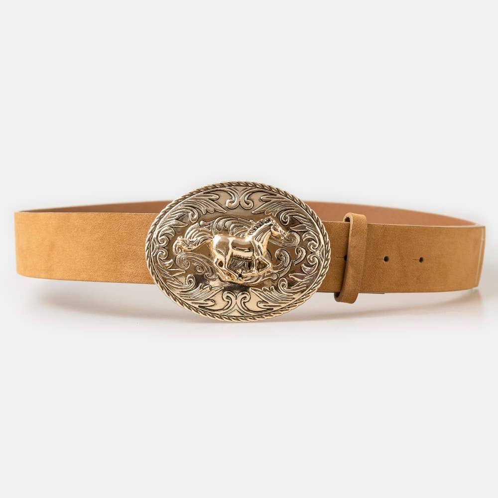 Suede Large Western Horse Medallion Buckle Belt: BROWN