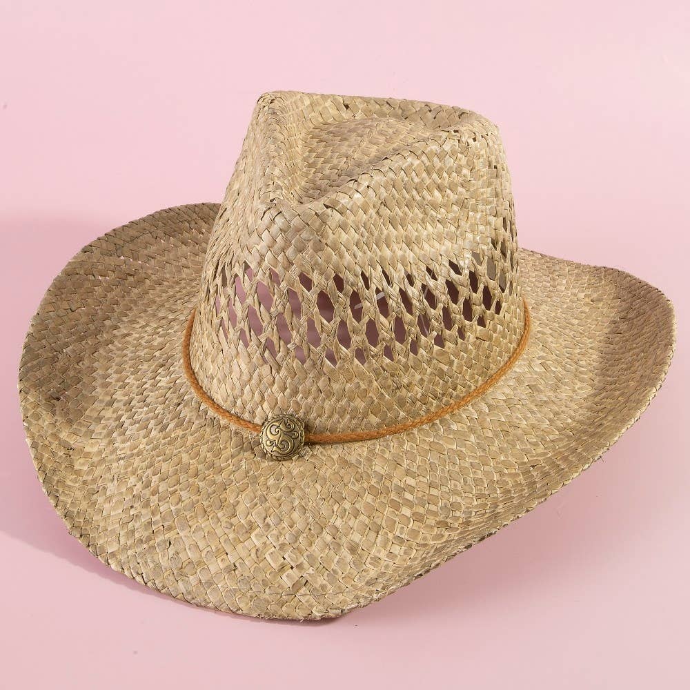 Straw Basket Rope Strap Western Cowboy Hat: NATURAL