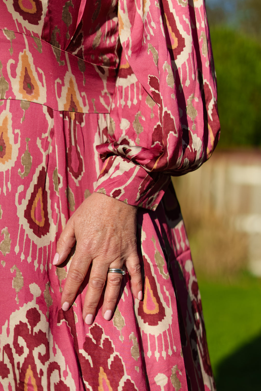Rose Pink Aztec print satin button through maxi dress