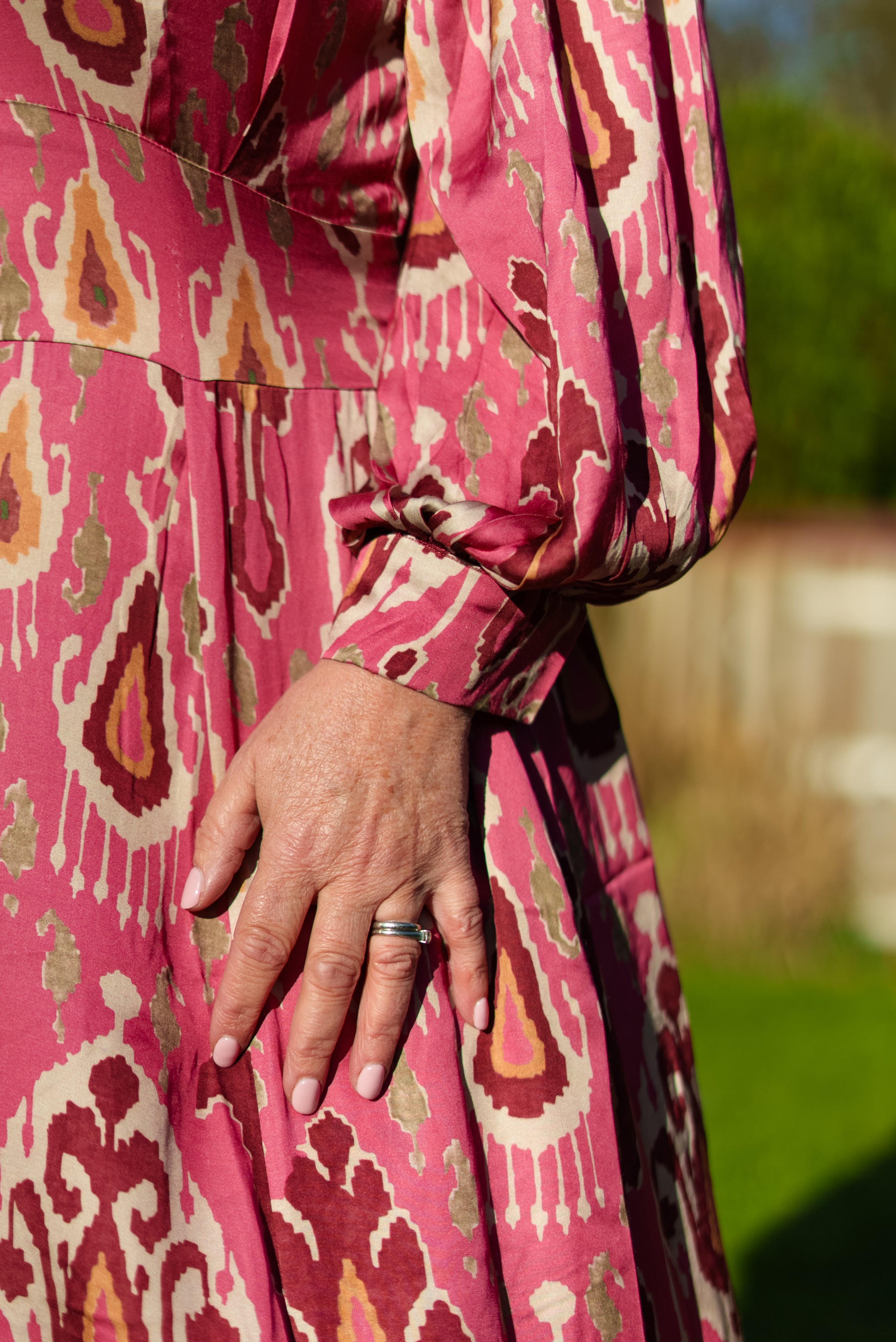 Rose Pink Aztec print satin button through maxi dress