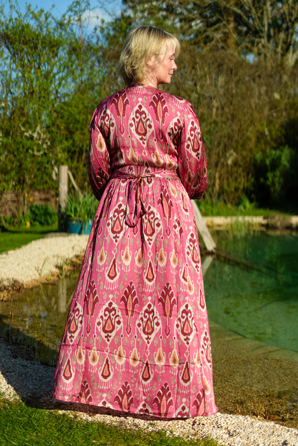 Rose Pink Aztec print satin button through maxi dress